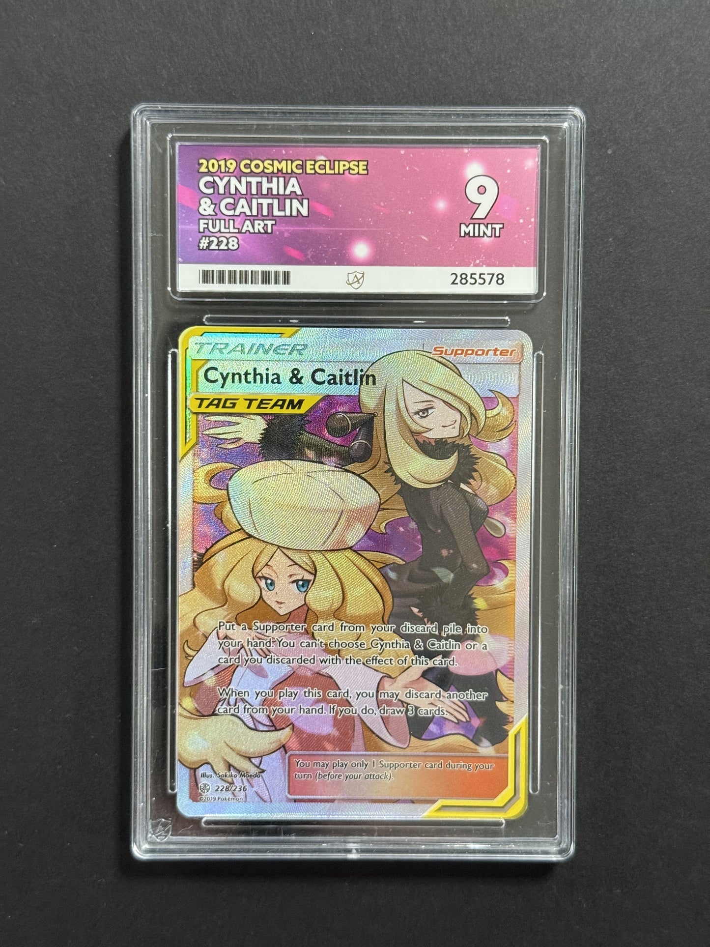 Cynthia & Caitlin 228/236 ACE 9 graded Pokémon card front